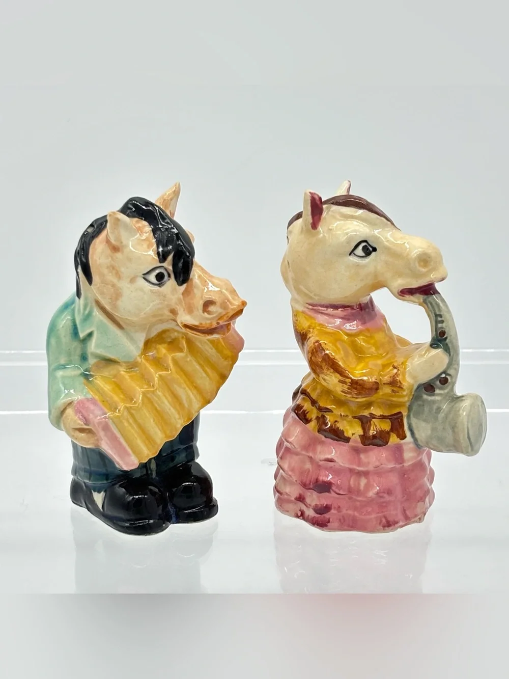 Vintage Japan Anthropomorphic MCM Whimsical Horse Figural Salt Pepper Shaker Set
